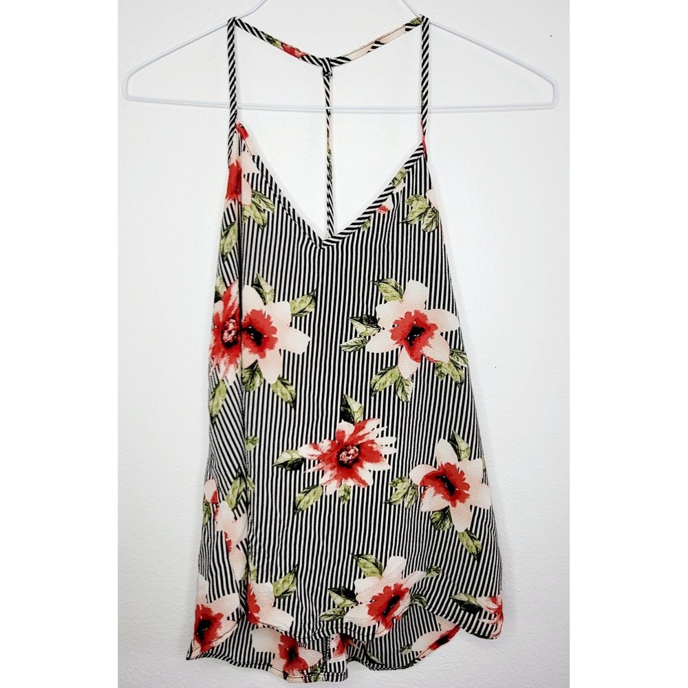 Chocolate U.S.A. Y-Back Top Black/White Striped Flowers VNeck Flowy Small